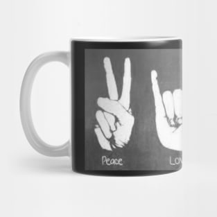 Peace, Love and Rock n' Roll sign language Mug